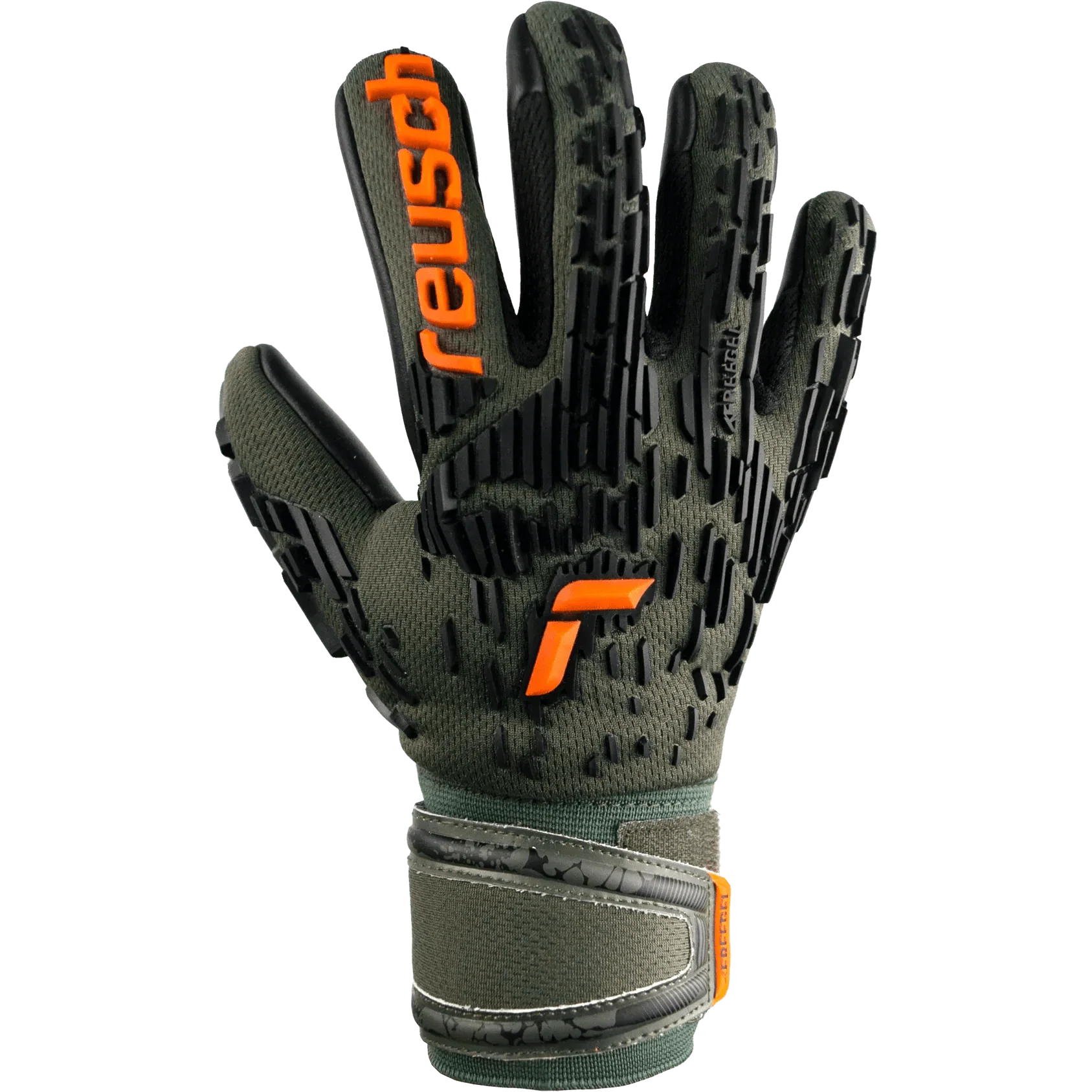 Reusch JR Attrakt Freegel Silver Finger Support Goalkeeper Gloves - Desert Green-Orange-Black